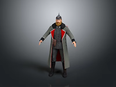 Man in Military Style Coat with Red Lining Wearing Hat in Standing Pose 3d model