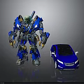 Blue Mechanical Robot Standing Next to Blue Car on Reflective Surface 3d model