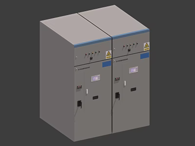 Double Grey Industrial Control Cabinets With Displays Buttons And Warning Labels 3d model