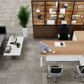 Modern Office Desk Setup With Ergonomic Chairs Computer Monitor And Wooden Storage Cabinet