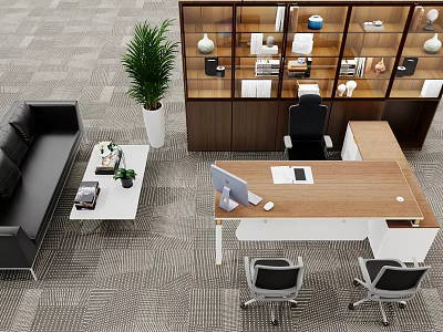 Modern Office Desk Setup With Ergonomic Chairs Computer Monitor And Wooden Storage Cabinet 3d model
