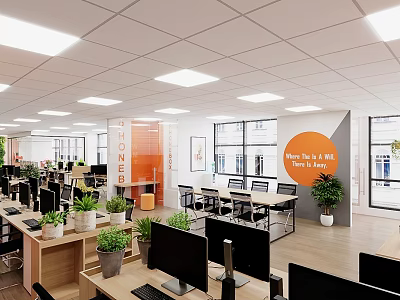 Modern Public Office Interior With Desks Computers Potted Plants And Windows 3d model