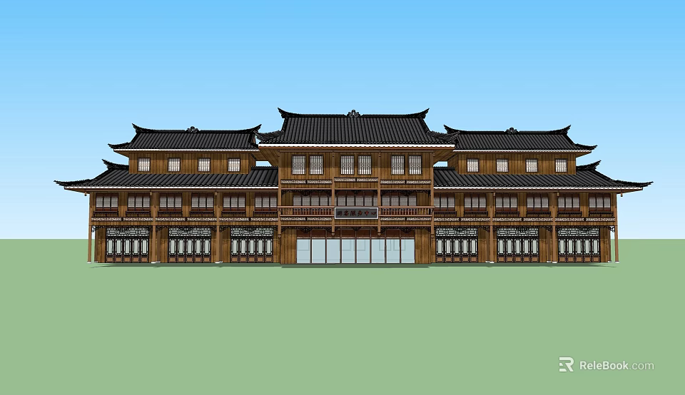 Traditional Chinese Tourist Center with Wooden Structure and Classic Roof Design 3d model 