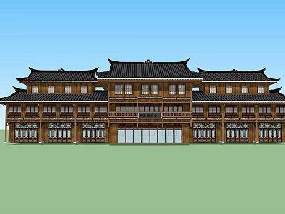 Traditional Chinese Tourist Center with Wooden Structure and Classic Roof Design 3d model