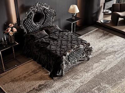 Elegant Double Bed With Ornate Black Headboard Velvet Bedding Fringe Nightstand Lamp And Pink Roses 3d model