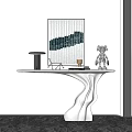 Modern Minimalist White Curved Console Table With Sculpture Wall Art And Table Lamp