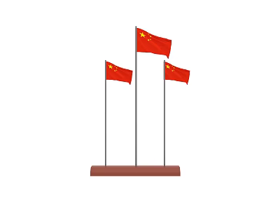 Three Chinese National Flags Neatly Mounted On Brown Base Stand 3d model