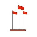 Three Chinese National Flags Neatly Mounted On Brown Base Stand