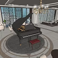 Elegant Hotel Lobby Interior Featuring Piano Chandelier Large Windows Sofa Seats And Circular Platform
