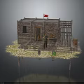 Wooden Cabin Model With Red Flag Fence Platform And Straw Covered Ground