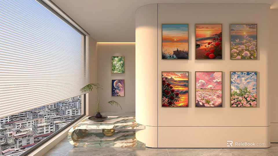 Abstract Paintings Decorating Modern Interior With Large Window Plant And Marble Table 3d model 