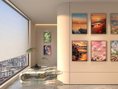 Abstract Paintings Decorating Modern Interior With Large Window Plant And Marble Table 3d model