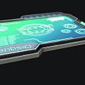 Futuristic Tablet Tech Screen Interface With Green Blue Display Gear Icons Metal Frame Design