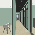 Modern Elevator Hallway Interior With Glass Doors Wooden Flooring Seating Chairs And Wall Art