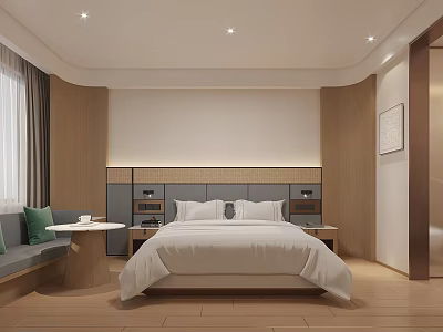 Modern Hotel Room With Comfortable Bed Wooden Elements And Window Curtains 3d model
