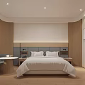 Modern Hotel Room With Comfortable Bed Wooden Elements And Window Curtains 3d model