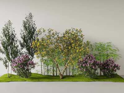 Diverse Plant Combination With Different Trees Shrubs Yellow Purple Flowers Green Bamboo On Green Grass 3d model