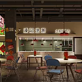 Hong Kong Style Restaurant Interior With Red Lanterns Colorful Stained Glass And Tables Chairs