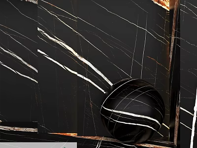 Black Marble Construction Component With White Veins And Spherical Decor 3d model