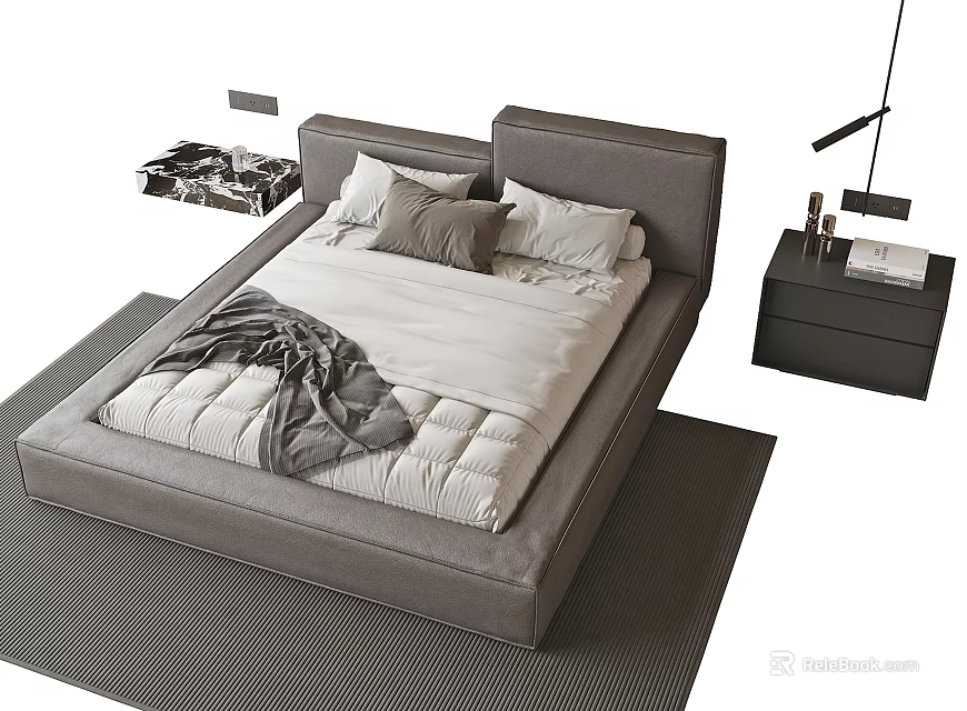 Modern Double Bed With Upholstered Gray Headboard Comforter Pillows And Nightstand On Rug 3d model 