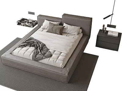 Modern Double Bed With Upholstered Gray Headboard Comforter Pillows And Nightstand On Rug 3d model