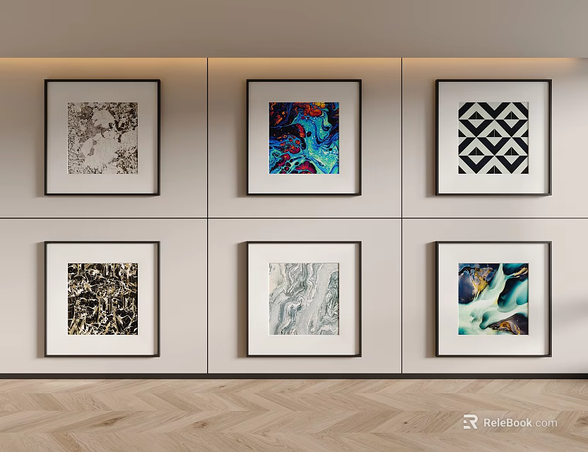 Modern Wall Art Display With Six Framed Artworks In Grid Arrangement 3d model 