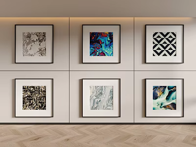 Modern Wall Art Display With Six Framed Artworks In Grid Arrangement 3d model
