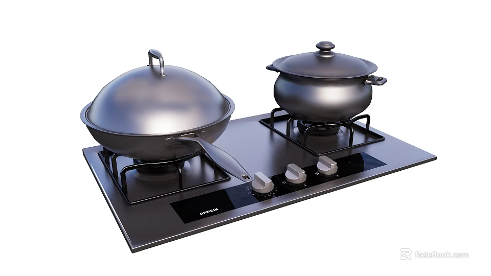 Modern Black Gas Stove With Wok Soup Pot And Control Knobs 3d model