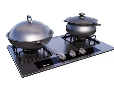 Modern Black Gas Stove With Wok Soup Pot And Control Knobs 3d model