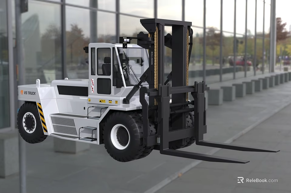 Industrial Forklift Truck With Enclosed Cab Large Wheels And Front Forks 3d model 