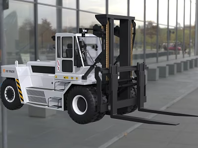 Industrial Forklift Truck With Enclosed Cab Large Wheels And Front Forks 3d model