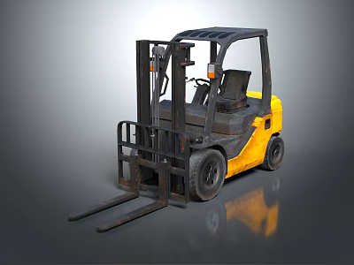 Yellow Forklift With Black Cabin And Front Forks On Reflective Surface 3d model
