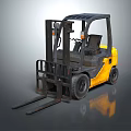 Yellow Forklift With Black Cabin And Front Forks On Reflective Surface