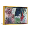 Golden Framed Abstract Painting With Vibrant Blue Green Pink Red Hues And Floral Elements