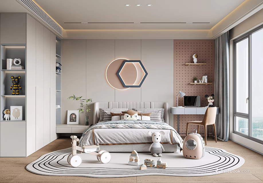 Modern Kids Bedroom With Toys Bed And Decorative Lights 3d model 