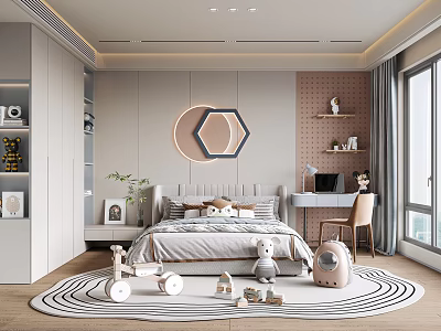 Modern Kids Bedroom With Toys Bed And Decorative Lights 3d model