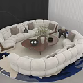 Elegant White Curved Sofa and Coffee Table Set With Pillows Plant and Rug