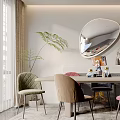 Modern Dining Room Interior With Dining Table Multi Colored Chairs Round Mirror And Natural Light 3d model