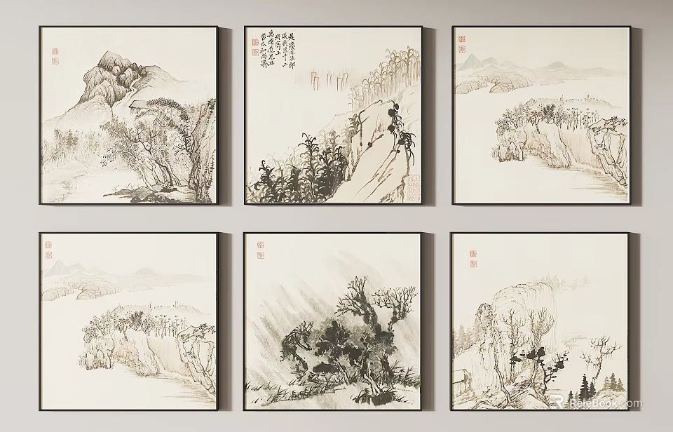 Traditional Chinese Ink Wash Landscape Paintings With Mountains Trees And Figures 3d model 