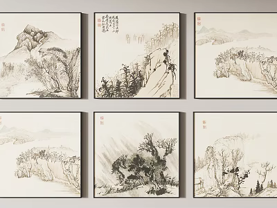Traditional Chinese Ink Wash Landscape Paintings With Mountains Trees And Figures 3d model