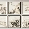 Traditional Chinese Ink Wash Landscape Paintings With Mountains Trees And Figures