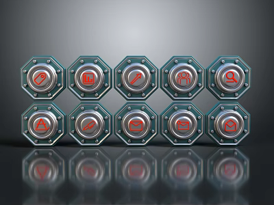 Octagonal Metal Buttons With Red Logo Arranged In Two Rows And Reflections 3d model