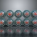Octagonal Metal Buttons With Red Logo Arranged In Two Rows And Reflections 3d model
