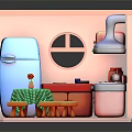 Cartoon Kitchen Scene Featuring Blue Refrigerator Red Cabinets Green Drawers Checkered Tablecloth And Small Stools
