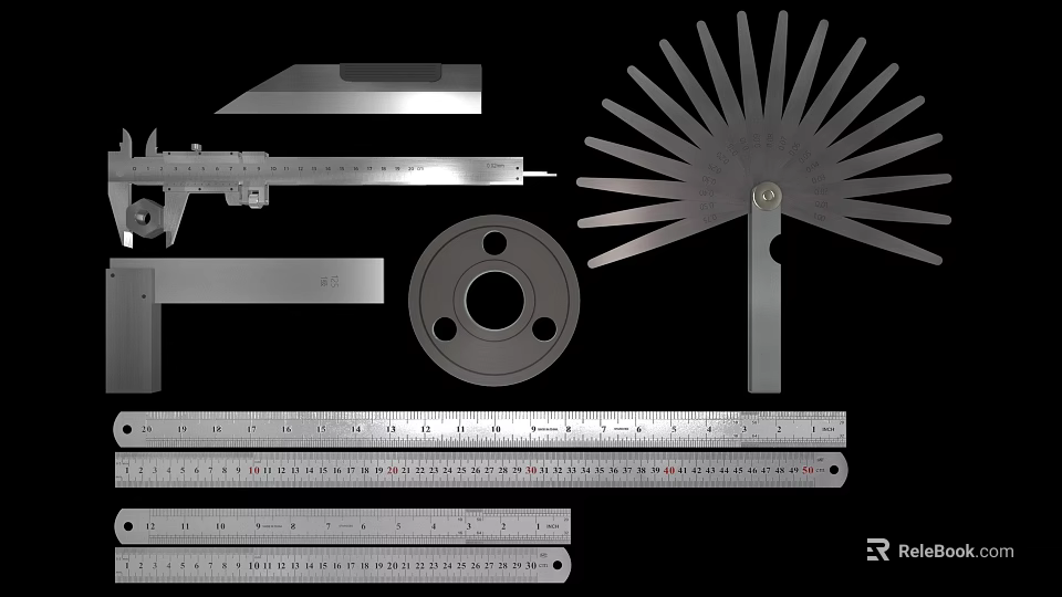 Essential Hardware Tools Including Vernier Caliper Steel Ruler Protractor Washer And Blade 3d model