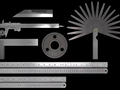 Essential Hardware Tools Including Vernier Caliper Steel Ruler Protractor Washer And Blade 3d model