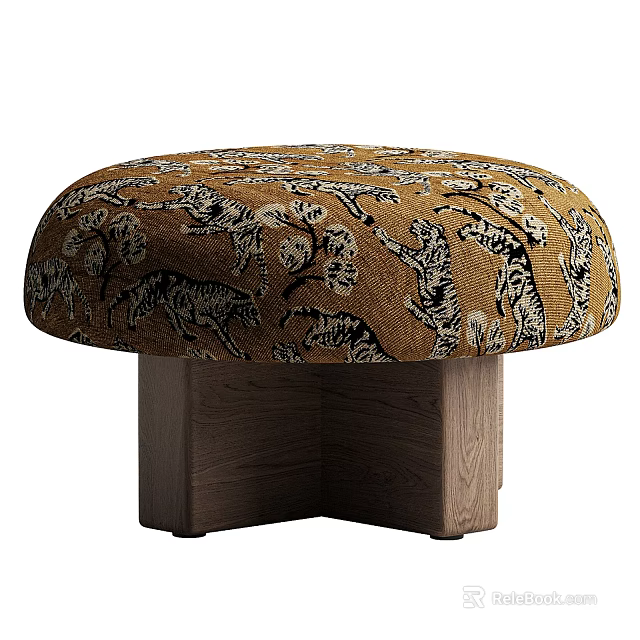 Stylish Round Stool With Tiger Pattern Brown Upholstery And Dark Wooden Base 3d model