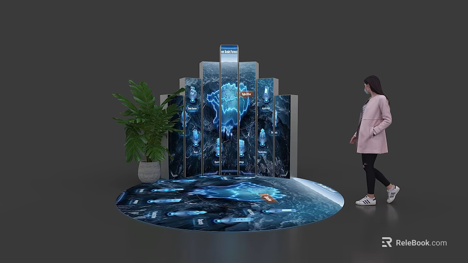 Exhibition Island With Digital Display Screens Decorative Floor Design Green Plant And Visitor 3d model 