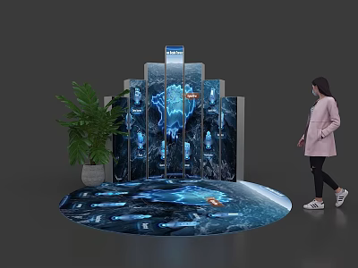 Exhibition Island With Digital Display Screens Decorative Floor Design Green Plant And Visitor 3d model