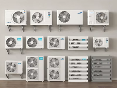 Various Wall Mounted Air Conditioner Fans Display Different Brands And Indoor Designs 3d model